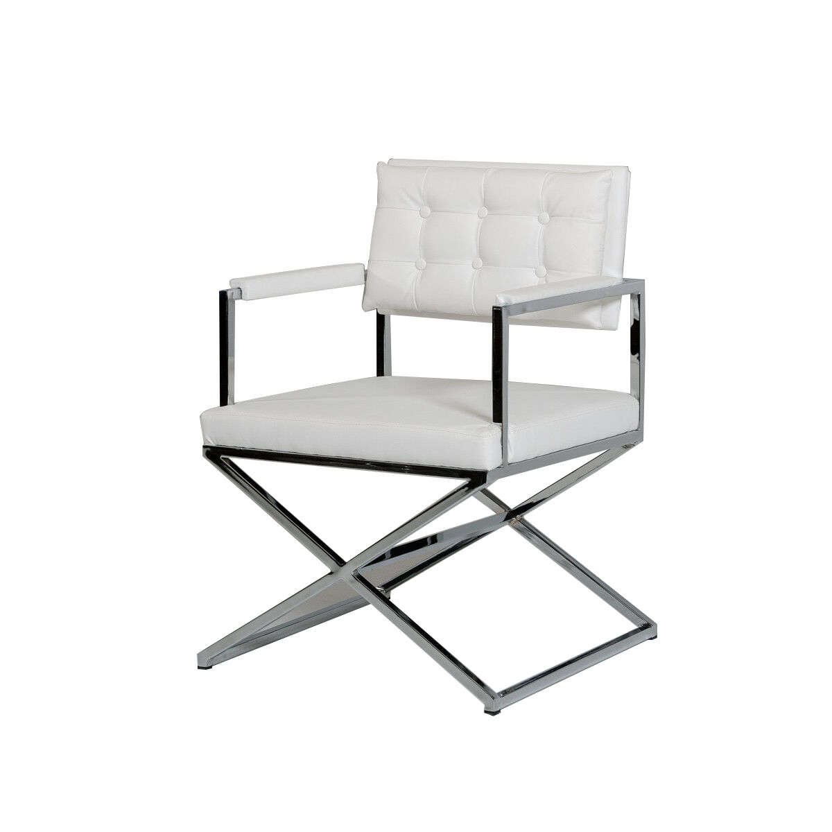 Button Tufted Back Dining Chair with X Shaped Metal Base, White and Silver - BM219301