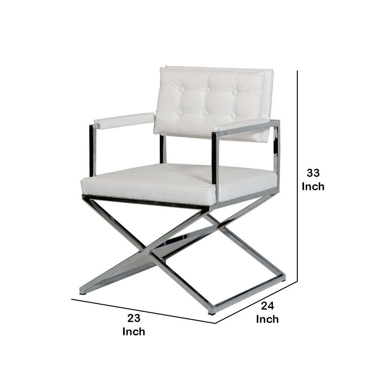 Button Tufted Back Dining Chair with X Shaped Metal Base, White and Silver - BM219301
