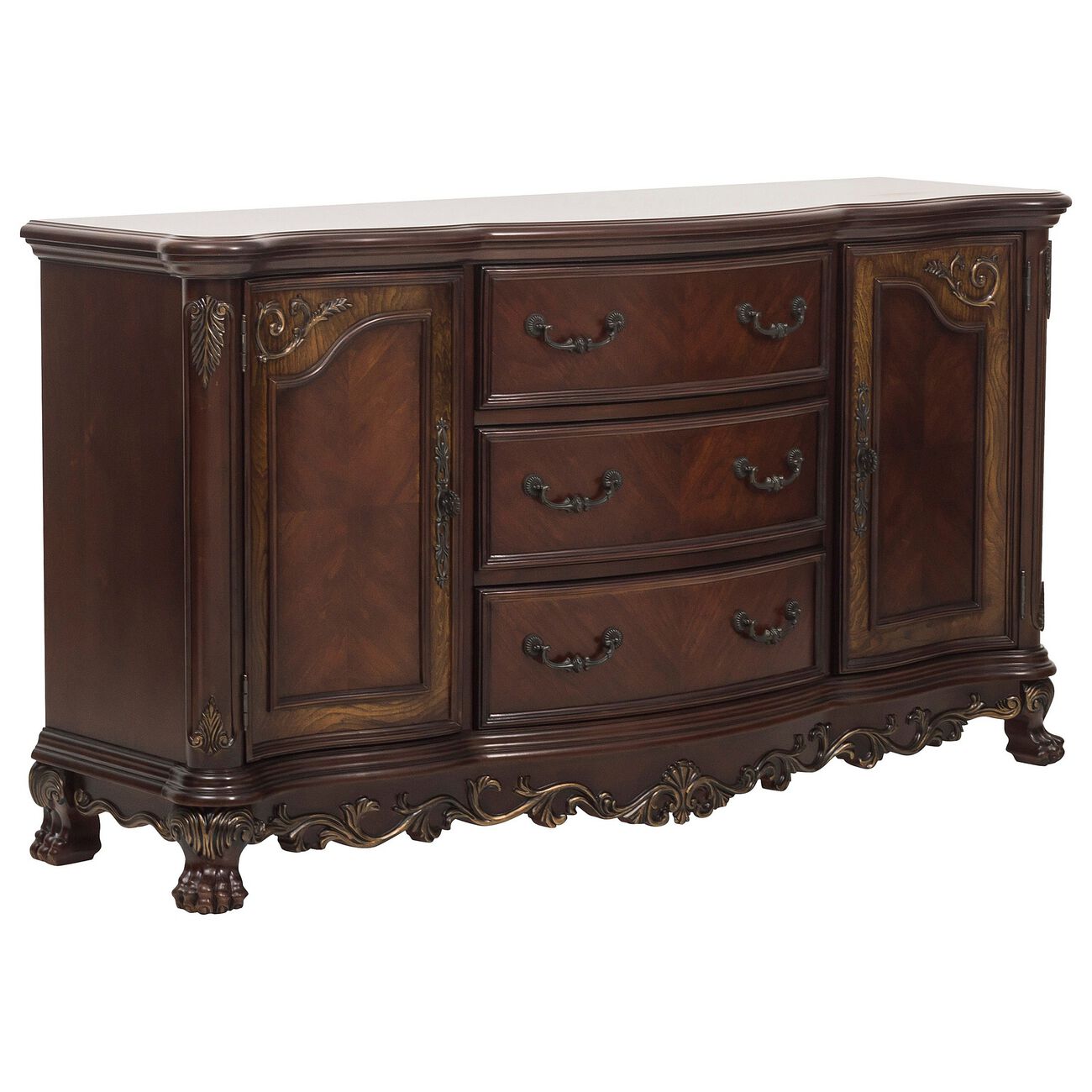 2 Doors Cabinet Wooden Buffet with 3 Drawers and Claw Feet, Cherry Brown