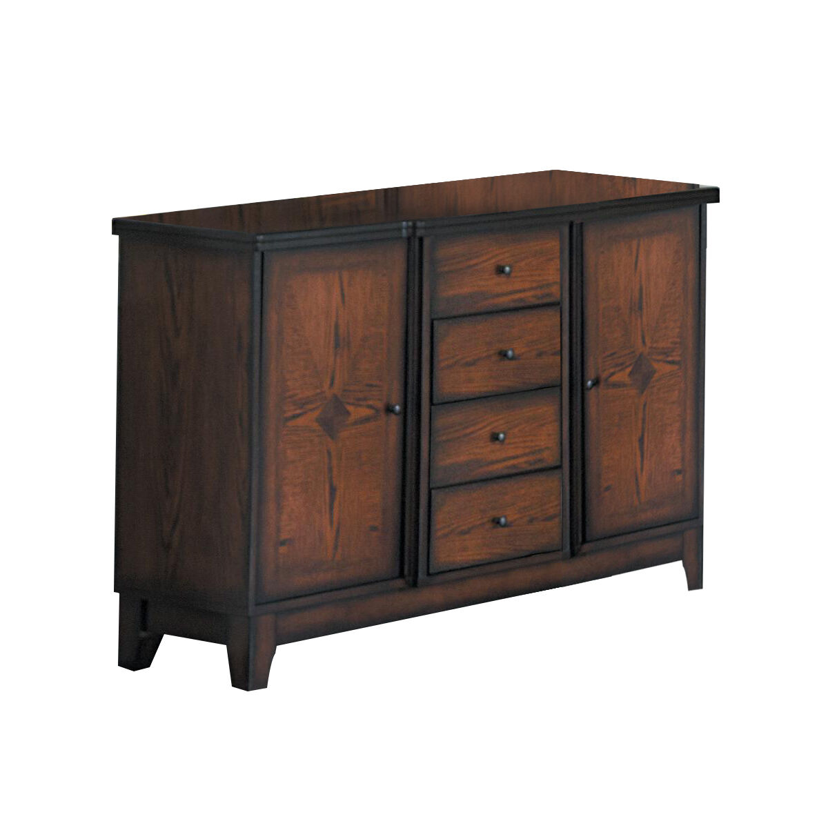 Rustic 4 Drawer Wooden Server with 2 Side Cabinets and Grain Details, Brown