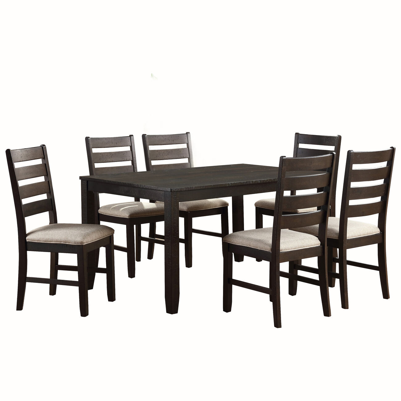 Wooden Dining Table with Ladder Back Style Chairs,Set of 7, Brown and Beige