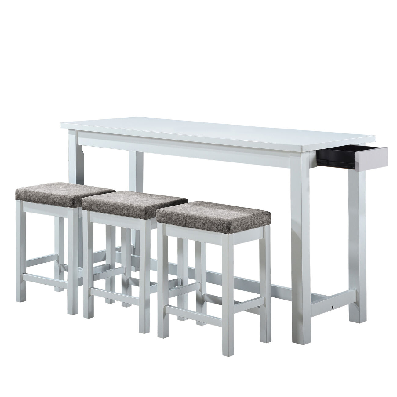 1 Drawer Counter Height Table with Backless Stools,Set of 4,White and Gray