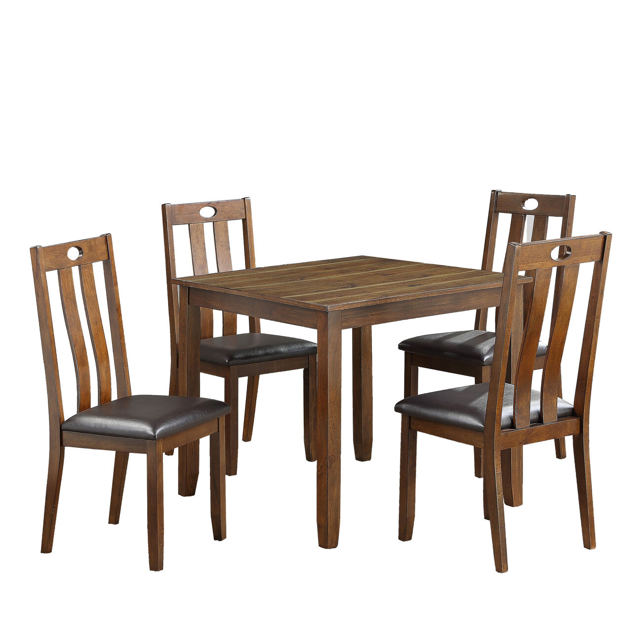 Square Dining Table with Slatted Back Faux leather Chairs, Set of 5, Brown