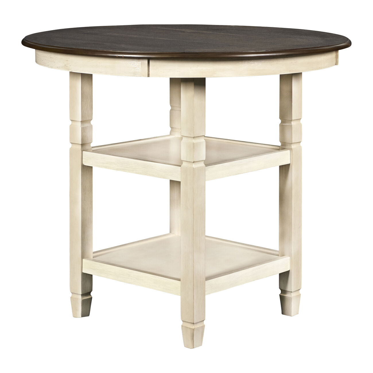 Round Wooden Counter Table with Two Open Shelves, Beige and Brown