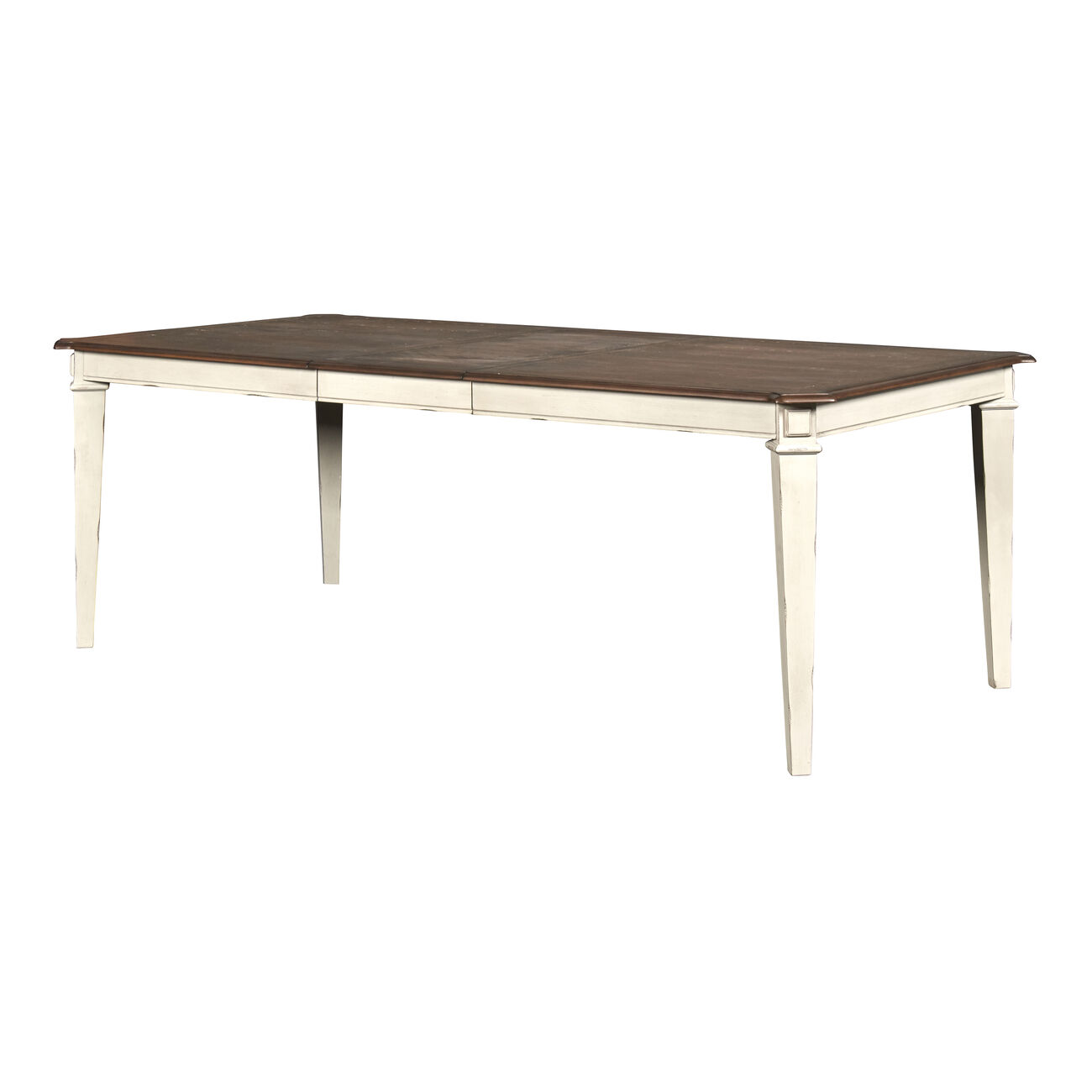 Plank Top Wooden Dining Table with Extendable Leaf, Antique white and Brown