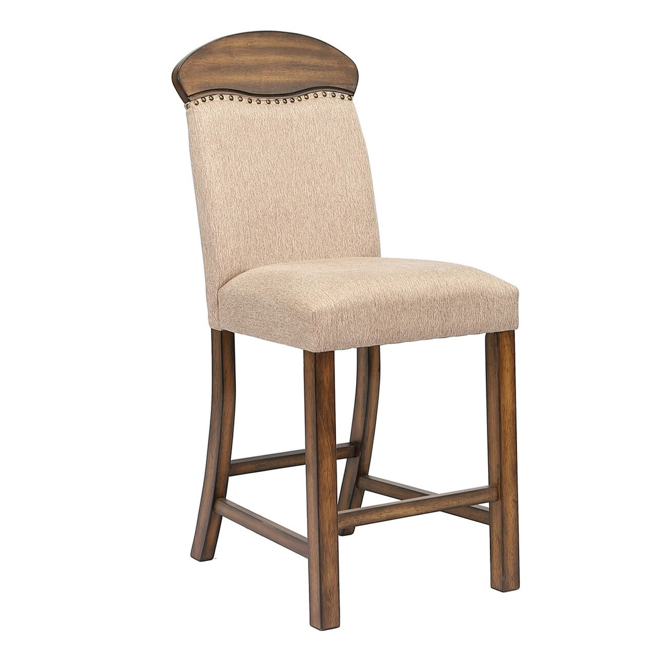 Fabric Counter Height Chair with Arched Wooden Top,Set of 2,Beige and Brown