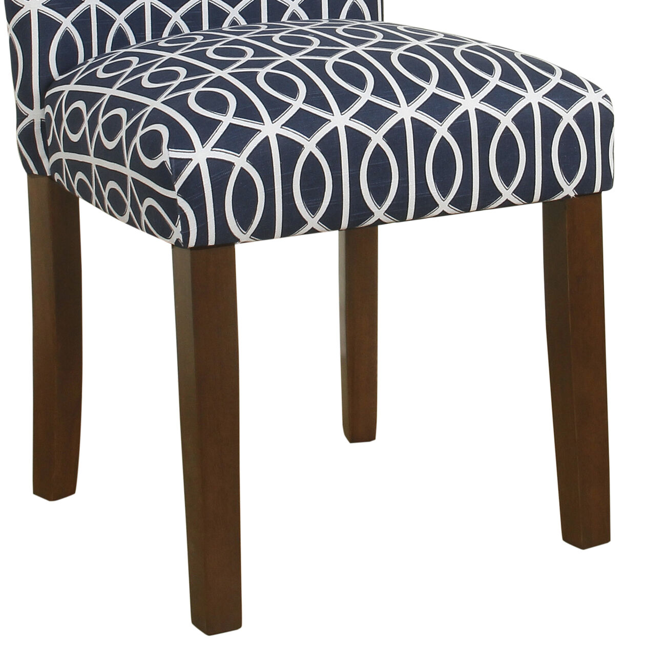 Trellis Patterned Fabric Upholstered Parsons Chair with Wooden Legs, Blue and White, Set of Two