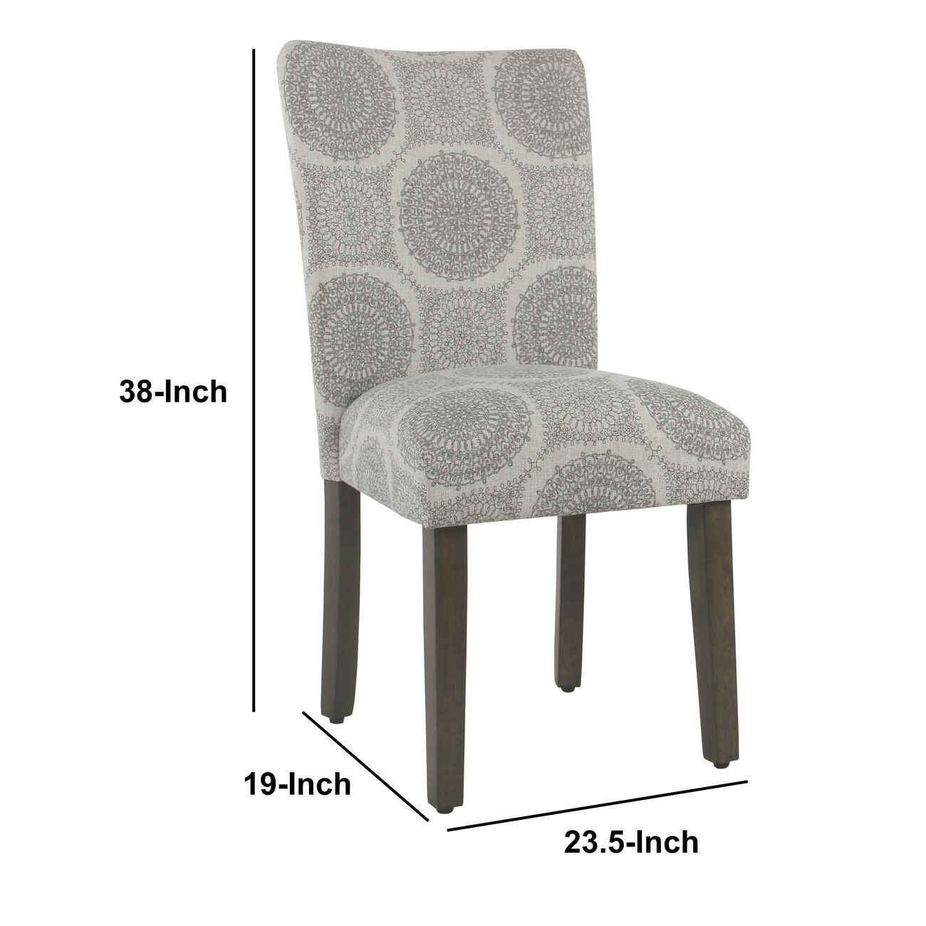 Medallion Pattern Fabric Upholstered Parsons Chair with Wooden Legs, Gray and Brown, Set of Two