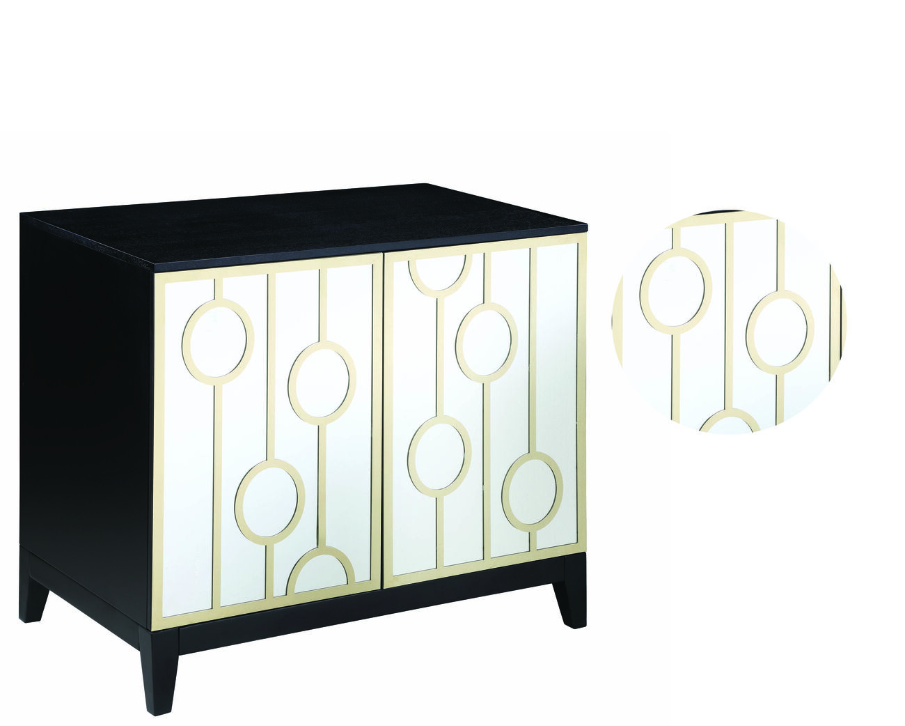 Wood and Metal Server with Mirrored Doors and Geometric Designs, Black and Gold