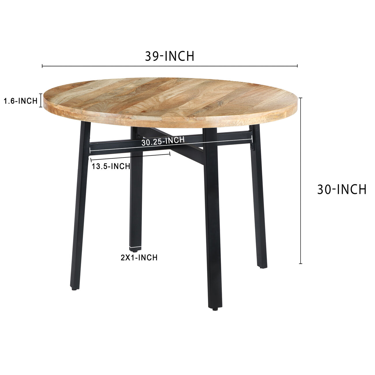 39 Inch Round Mango Wood Dining Table with Angled Iron Leg Support, Brown and Black