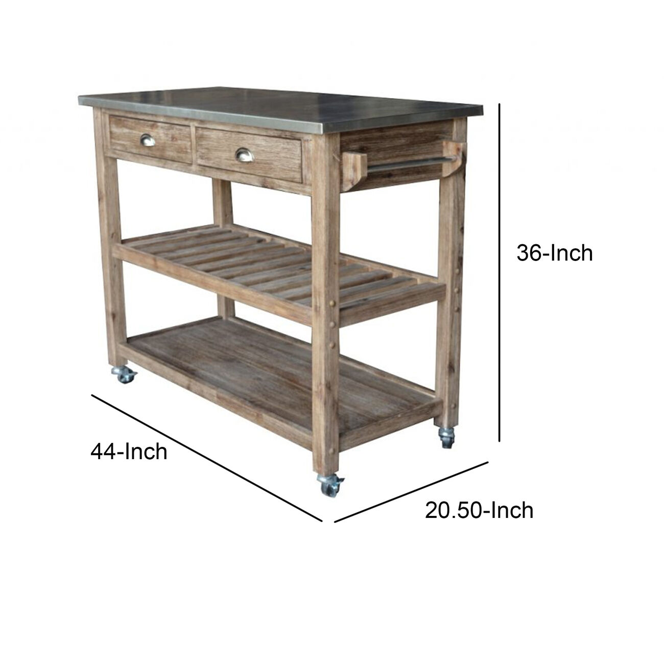 2 Drawers Wooden Frame Kitchen Cart with Metal Top and Casters, Gray