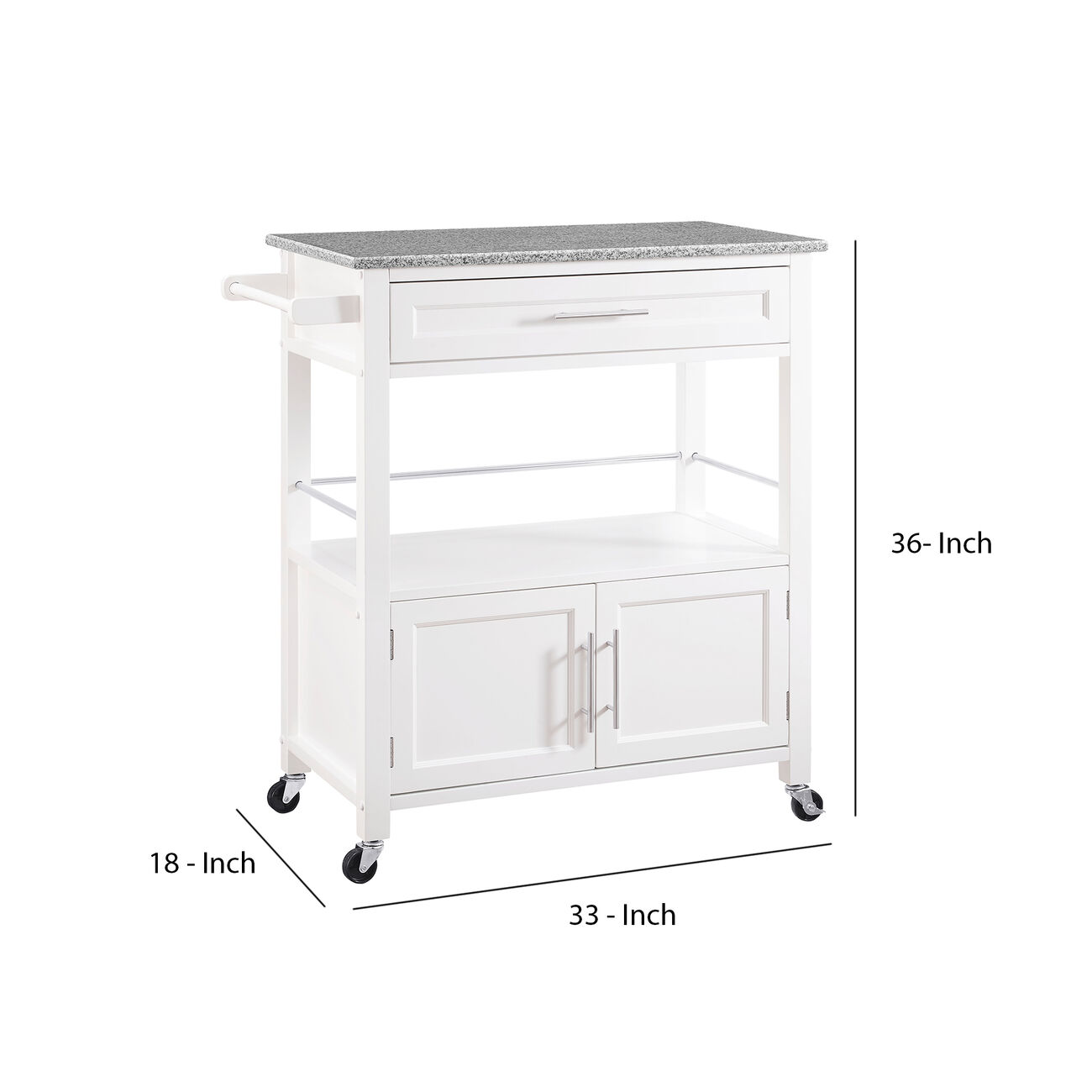 Spacious Wooden Kitchen Cart with Granite Inlaid Top, White and Gray