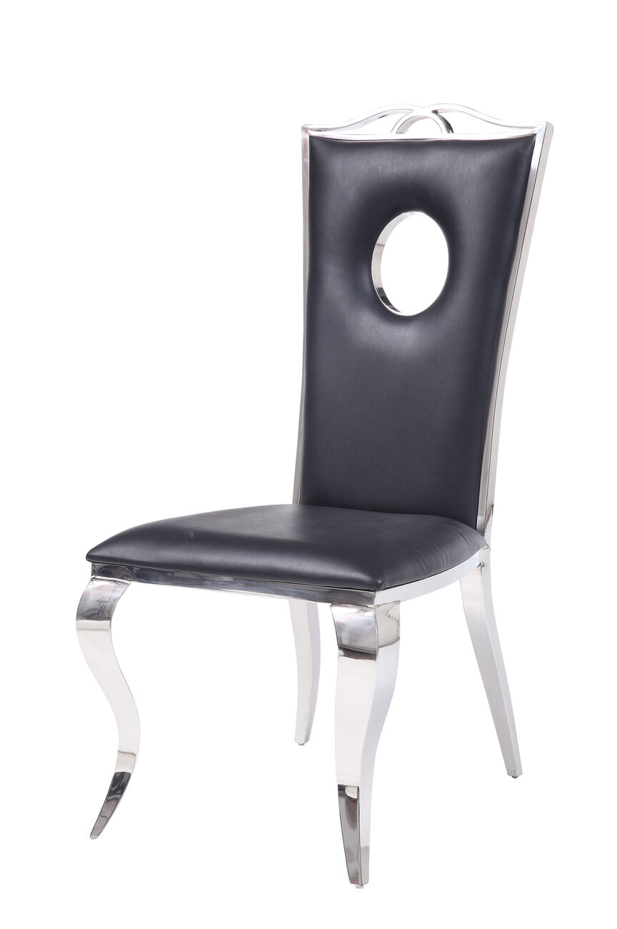 Leatherette Upholstered Metal Side Chairs with Cabriole Style Legs, Black and Silver, Set of Two