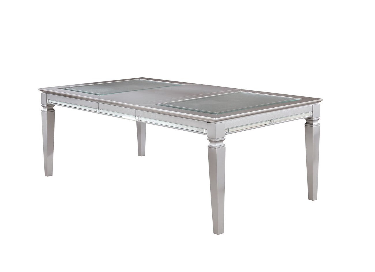 Wooden Dining Table With Beveled Mirror Insert, Silver and Clear