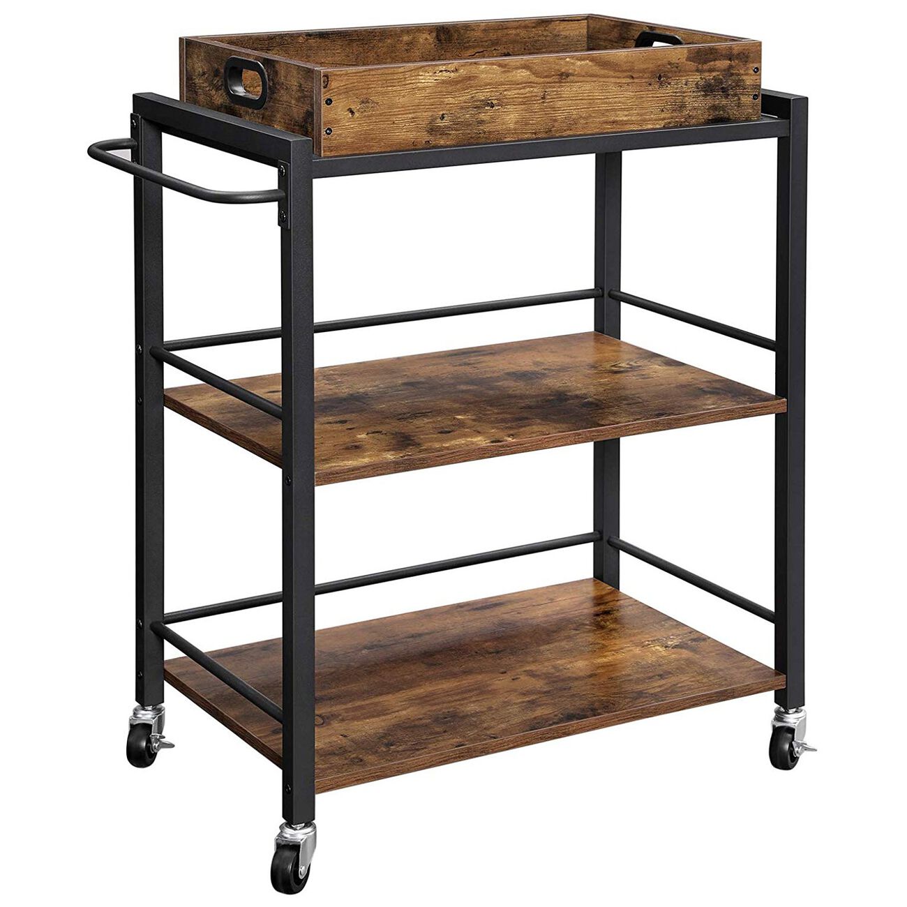 Tray Top Wooden Kitchen Cart with 2 Shelves and Casters, Brown and Black