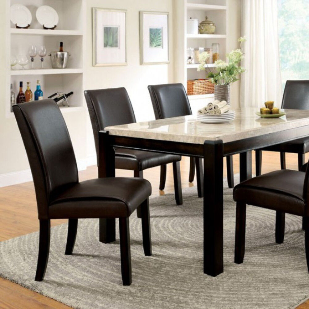Gladstone I Contemporary Dining Table With Marble Top, Dark Walnut Finish