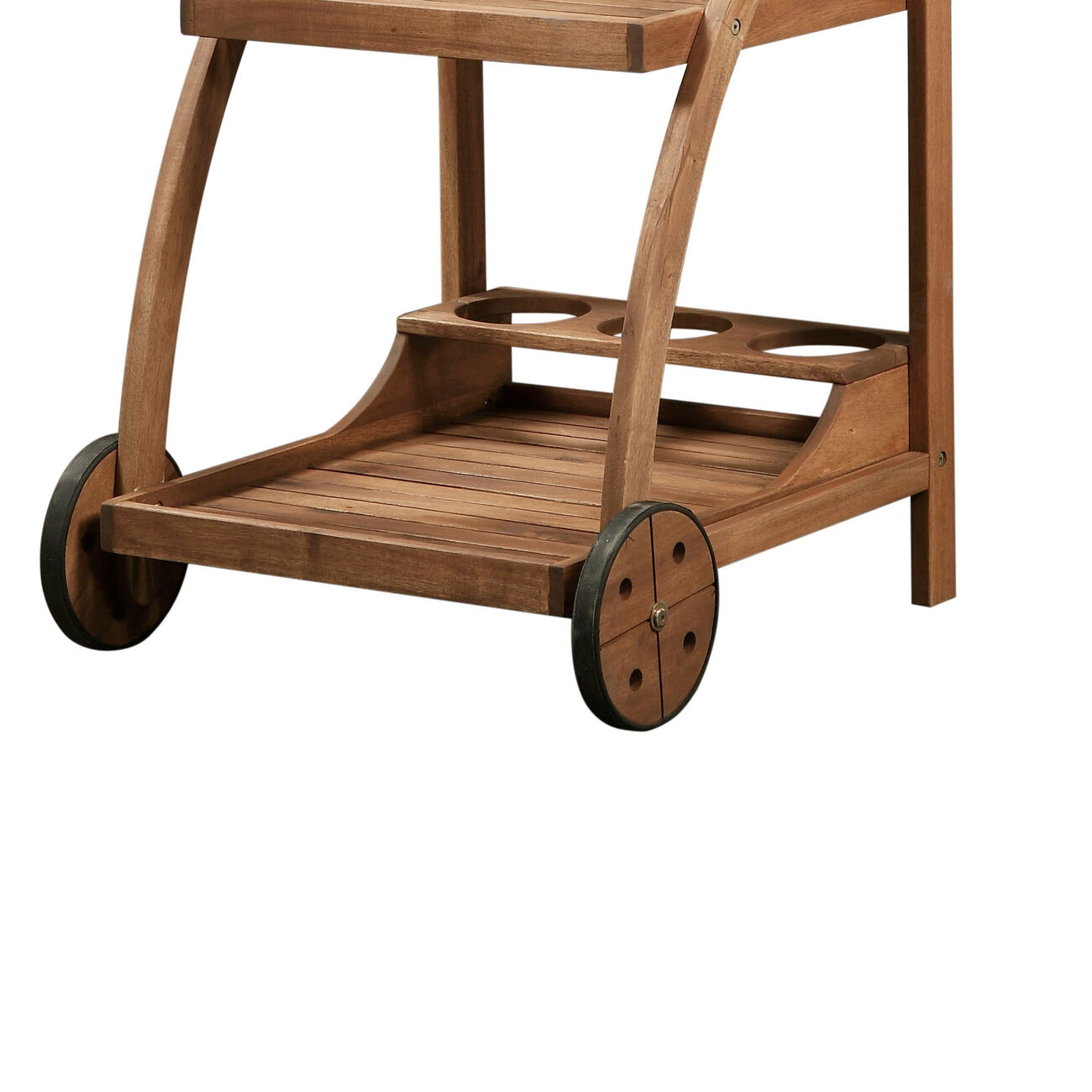 2 Shelf Wooden Trolley with Caster Wheels and Bottle Holders, Brown