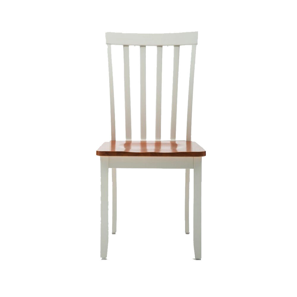Wooden Seat Dining Chair with Slatted Backrest, Set of 2, Brown and White