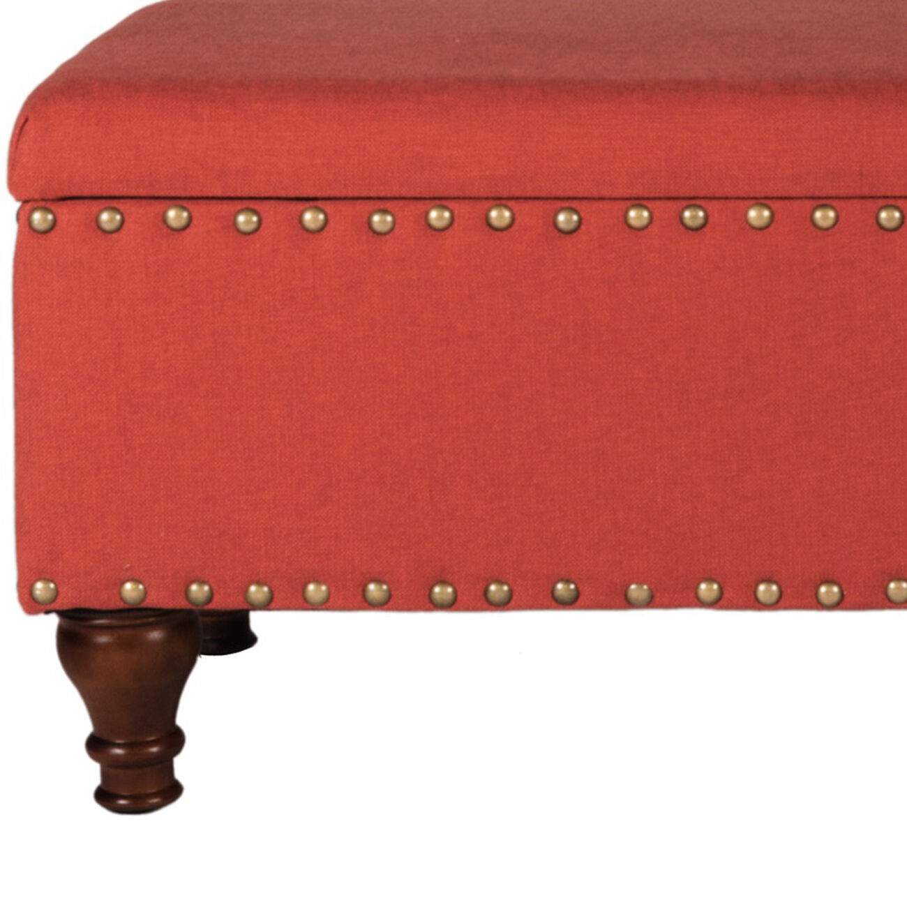 Fabric Upholstered Wooden Storage Bench With Nail head Trim, Large, Orange and Brown
