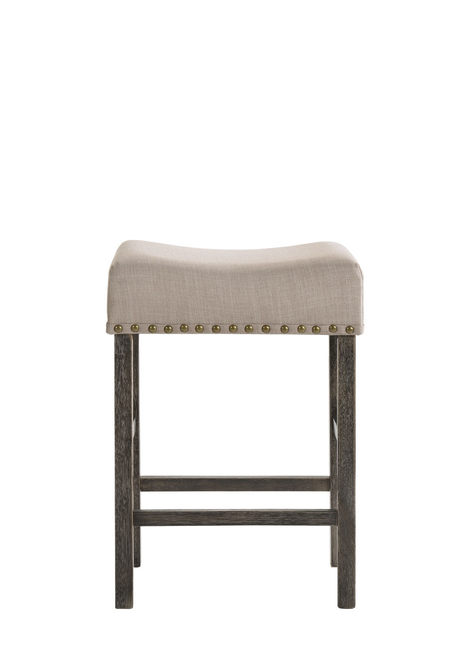 Wooden Counter Height Stool with Linen Upholstered Saddle Seat, Set of 2, Beige and Gray