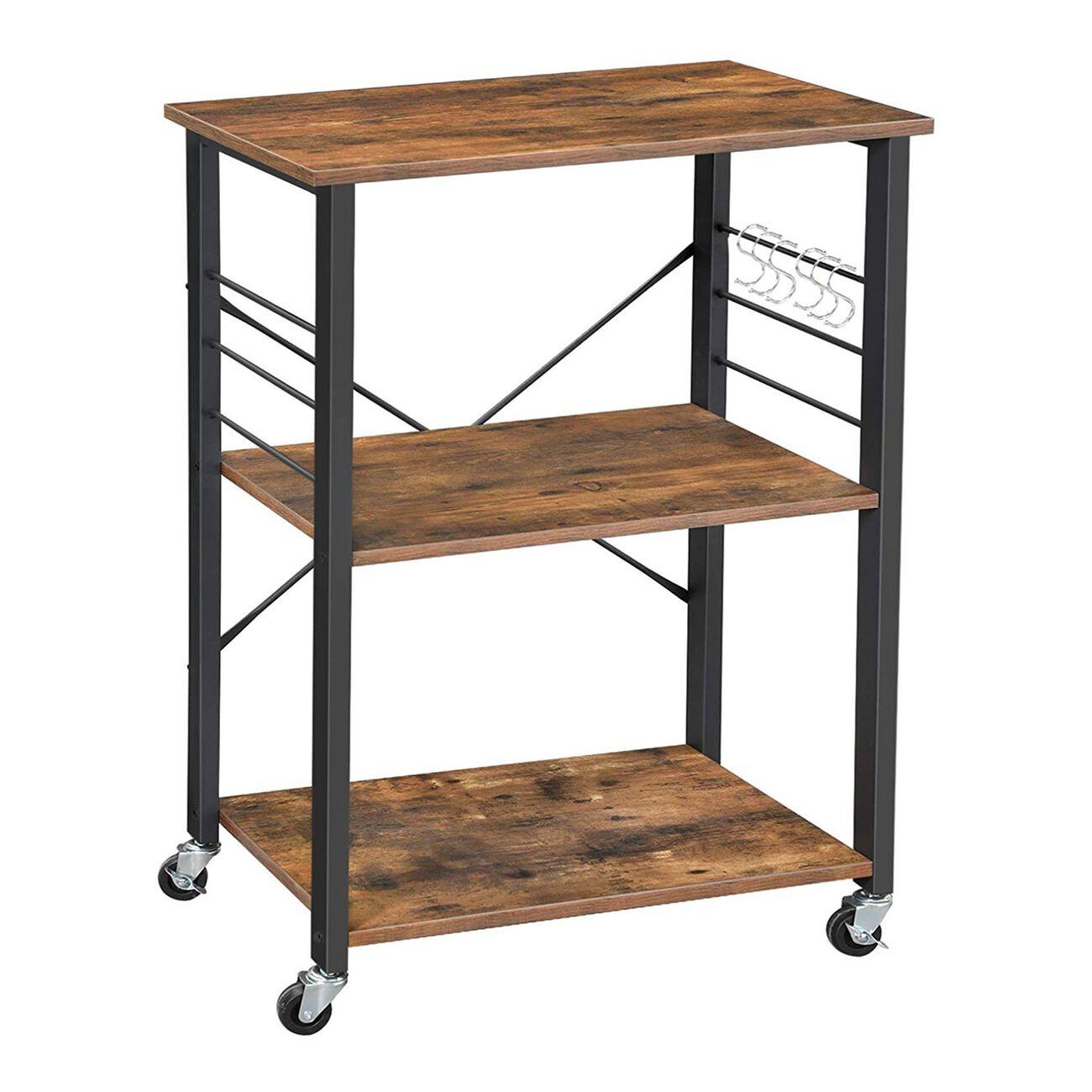 3 Tier Wood and Metal Kitchen Cart with Casters, Rustic Brown and Black
