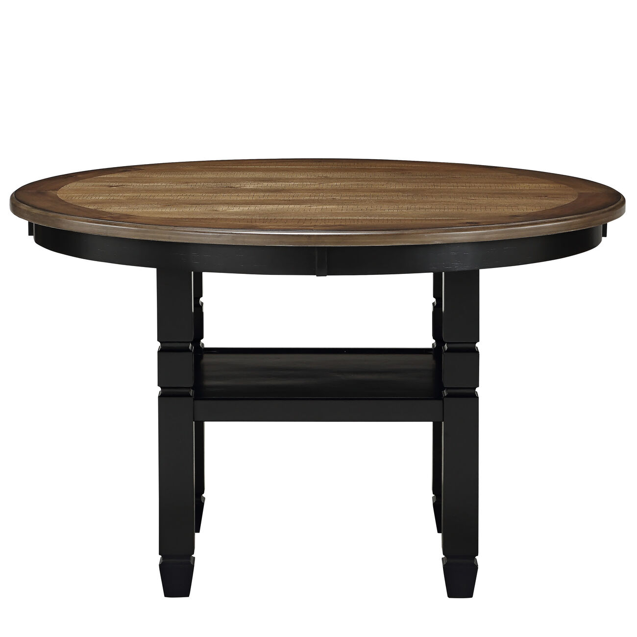 Wooden Round Dining Table with Open Shelf, Black and Brown