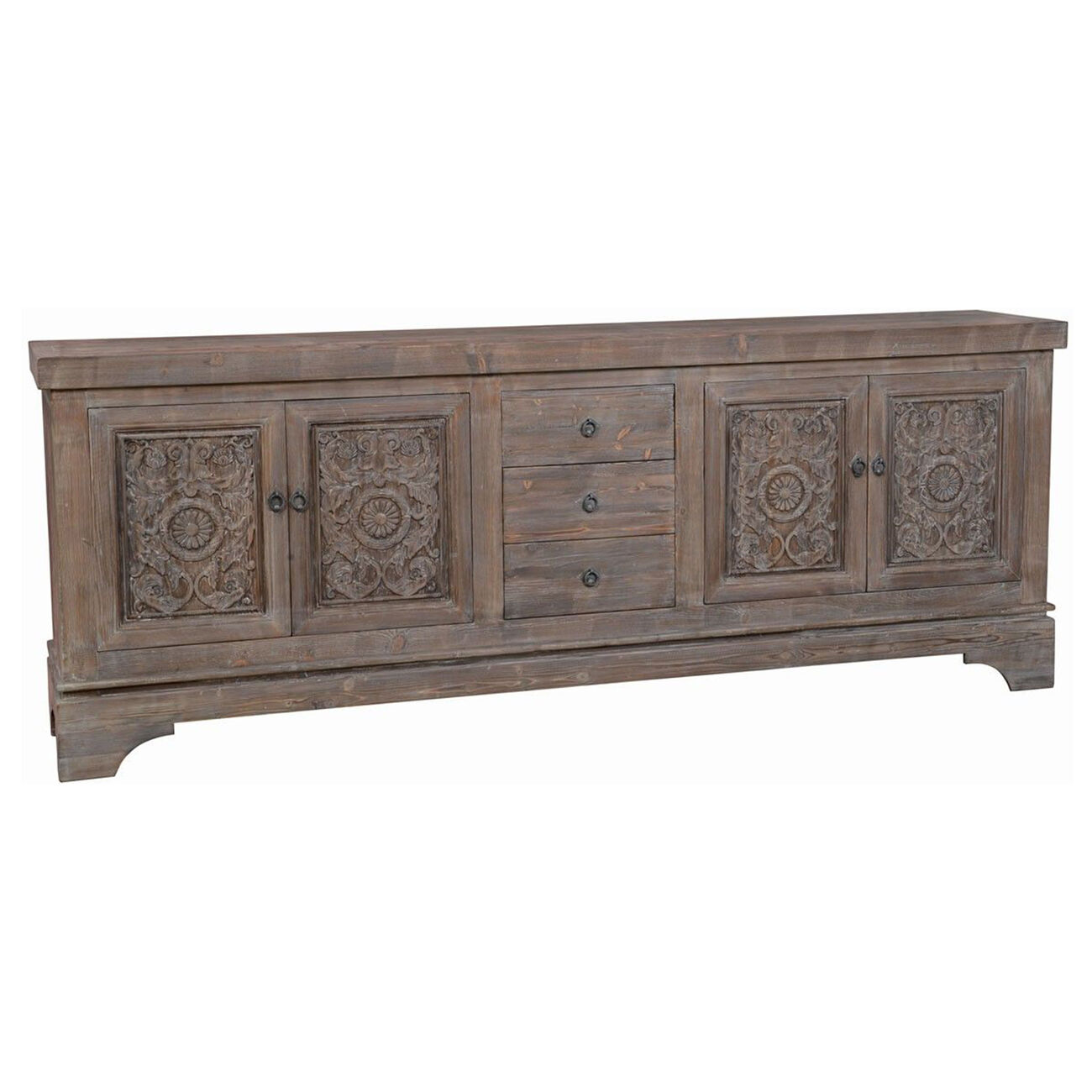 Engraved Reclaimed Wood Sideboard with 3 Drawers and 4 Doors, Brown