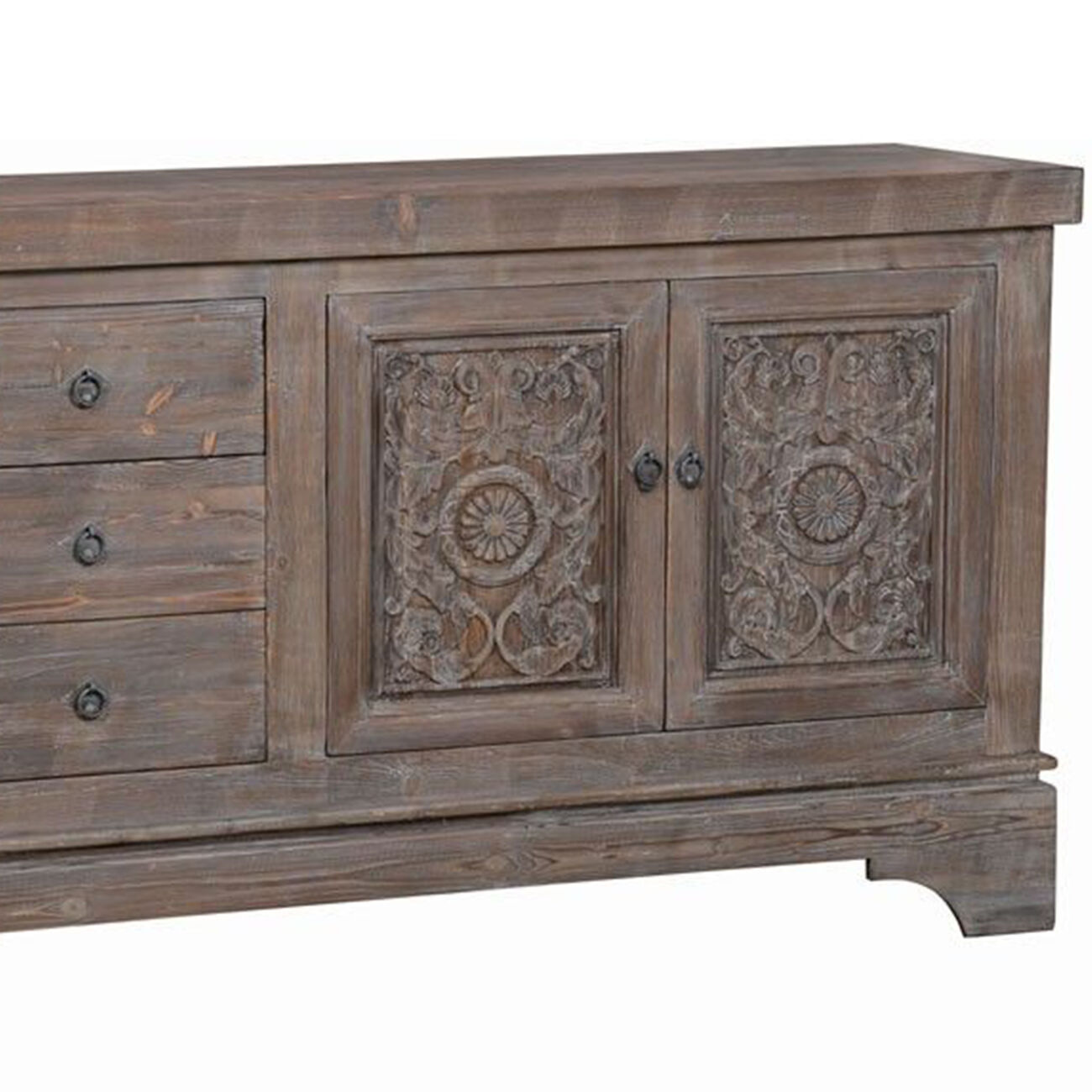 Engraved Reclaimed Wood Sideboard with 3 Drawers and 4 Doors, Brown