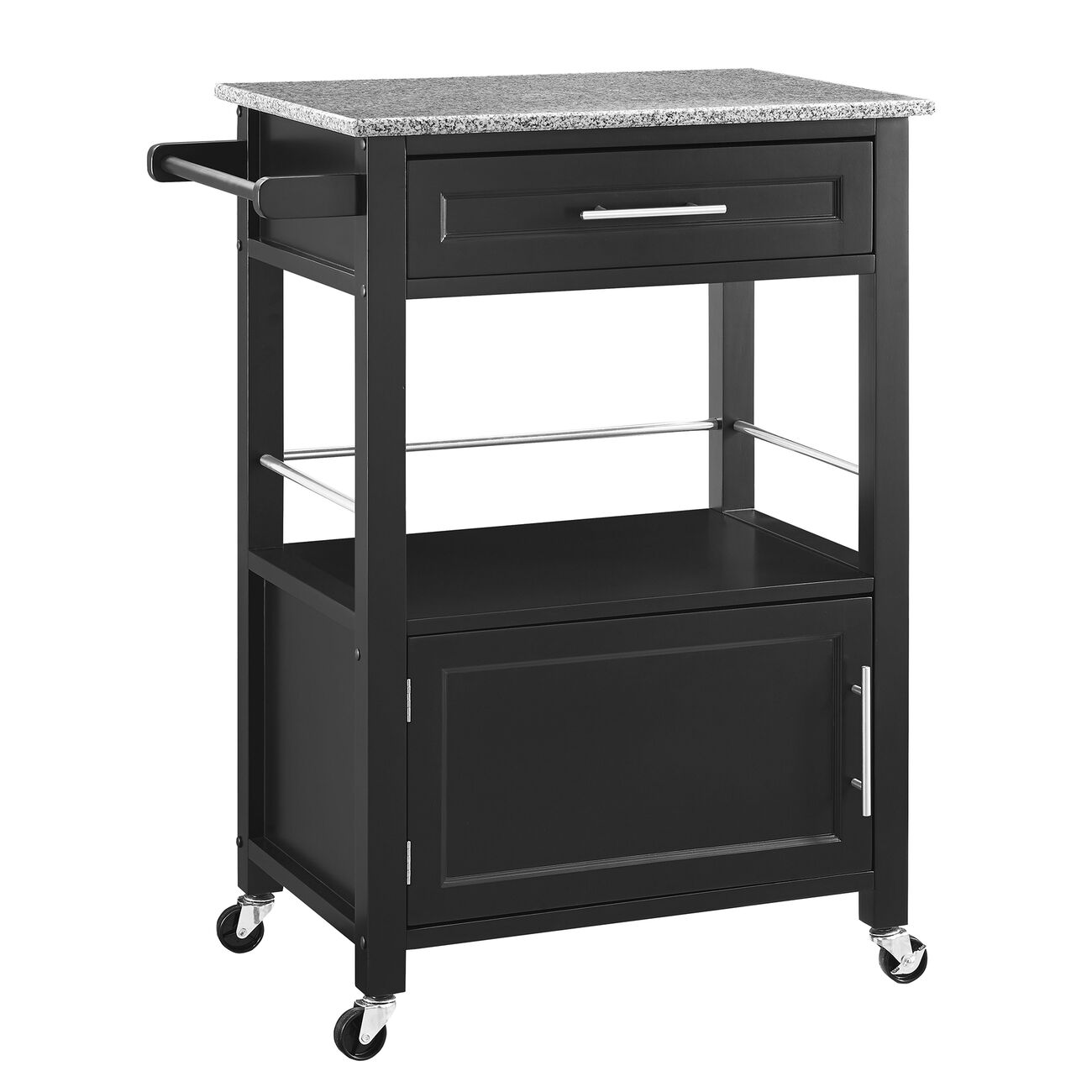 Granite Inlaid Spacious Wooden Kitchen Cart, Black and Gray