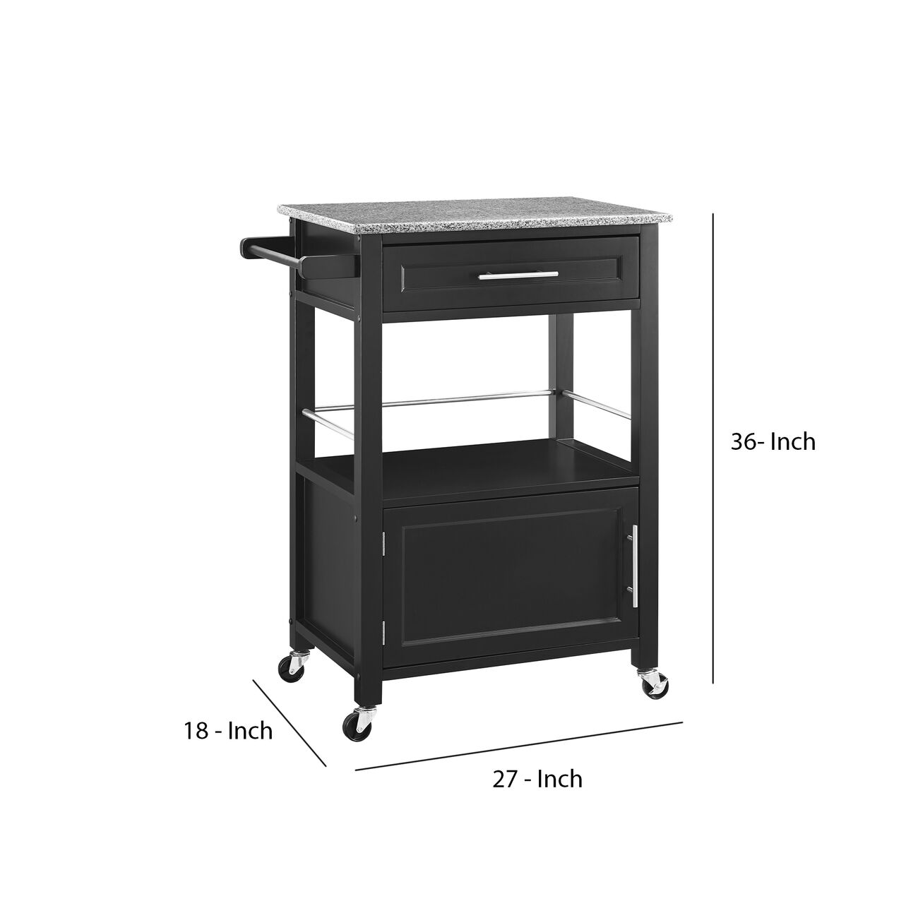 Granite Inlaid Spacious Wooden Kitchen Cart, Black and Gray