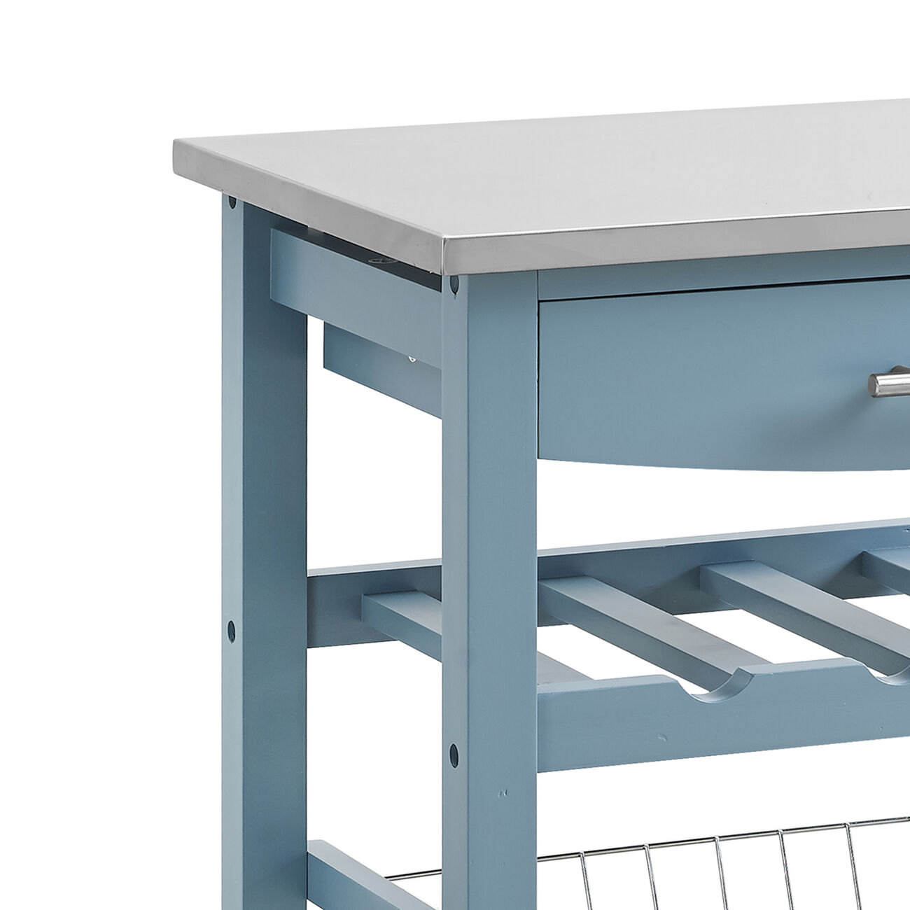 Contemporary Kitchen Island with Stainless Steel Top and Casters, Blue