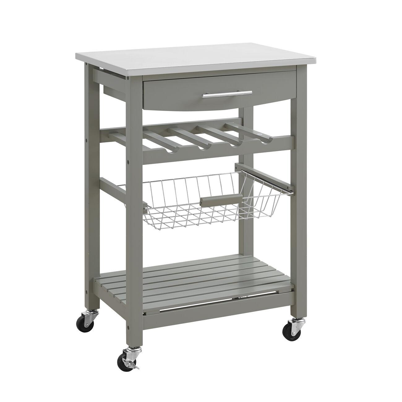 Contemporary Kitchen Island with Stainless Steel Top and Casters, Gray