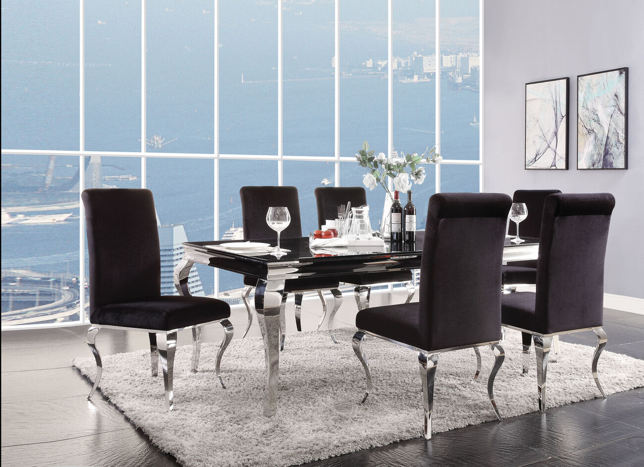 Fabric Upholstered Metal Side Chairs with Cabriole Style Legs, Black and Silver, Set of Two