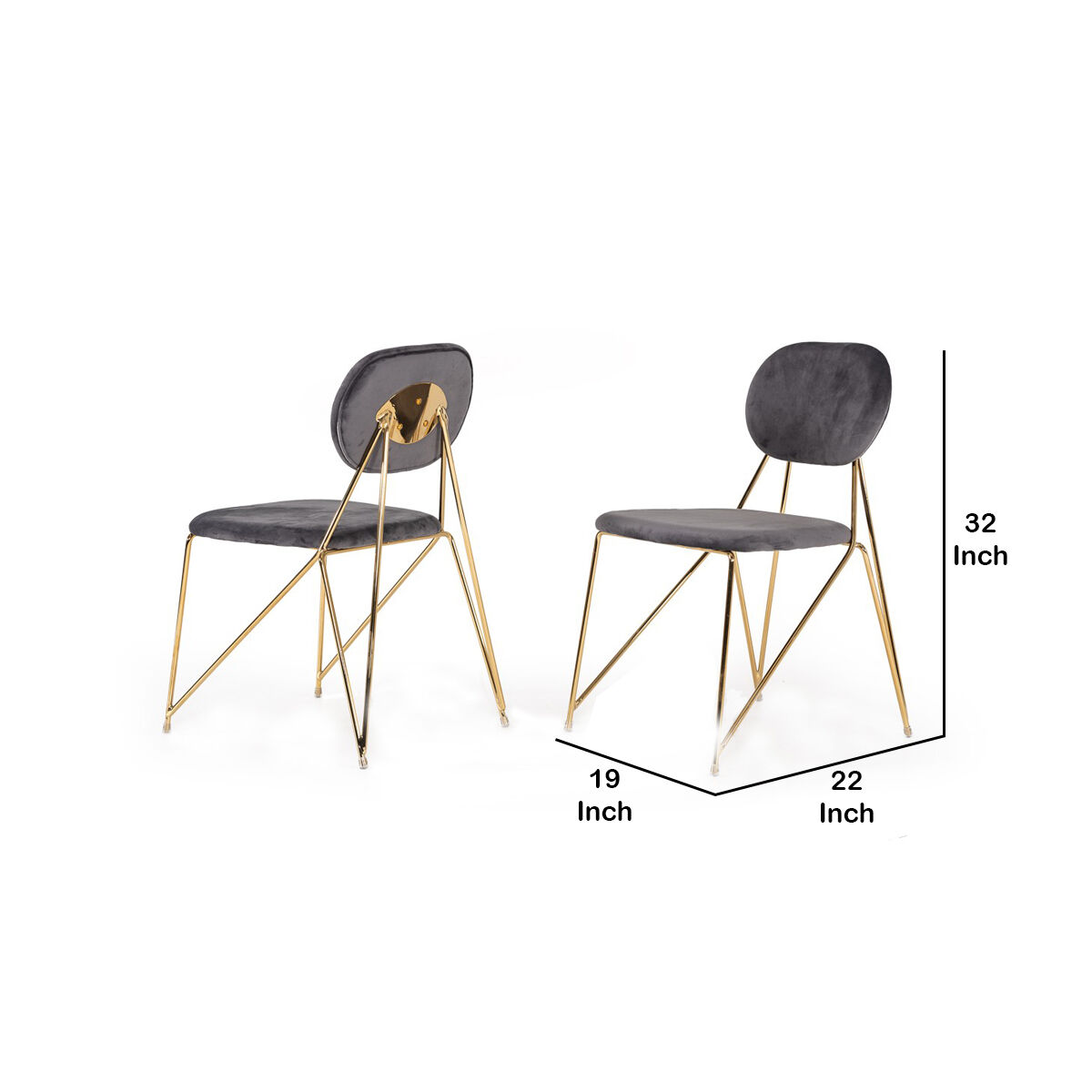 Metal Dining Chair with Angular Legs, Set of 2, Gray and Gold