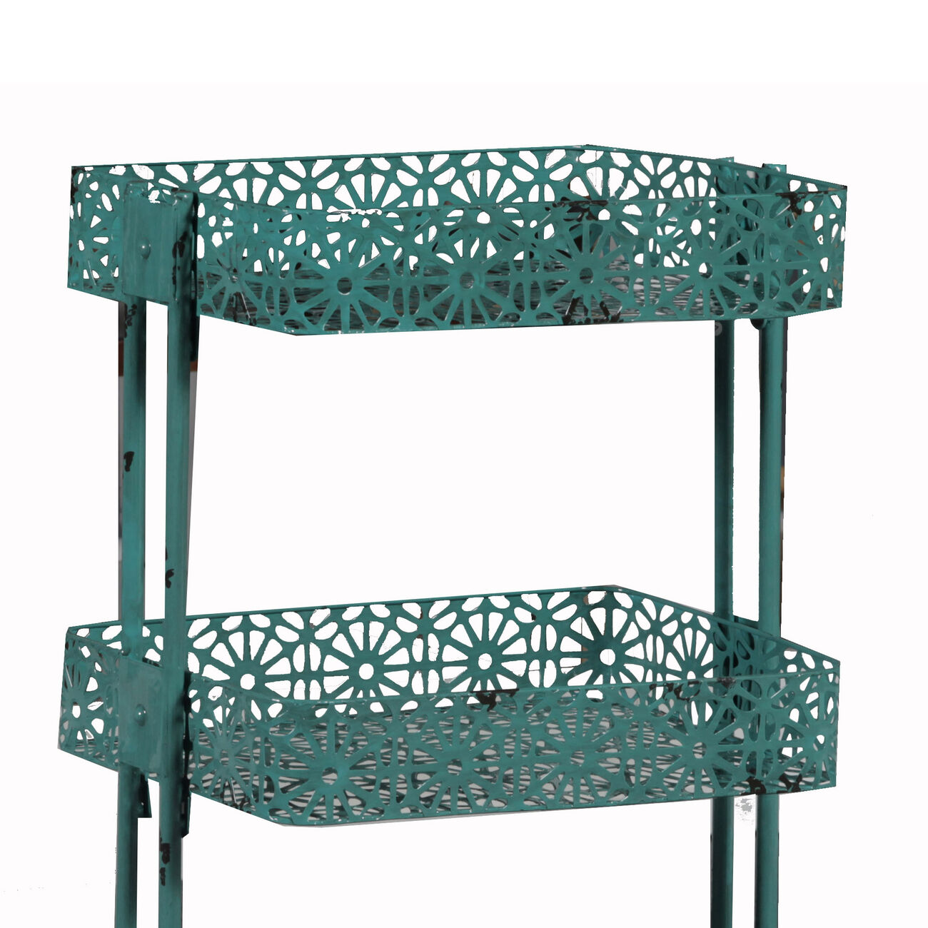 3 Tier Spacious Metal Cart with Pierced Floral Design, Blue
