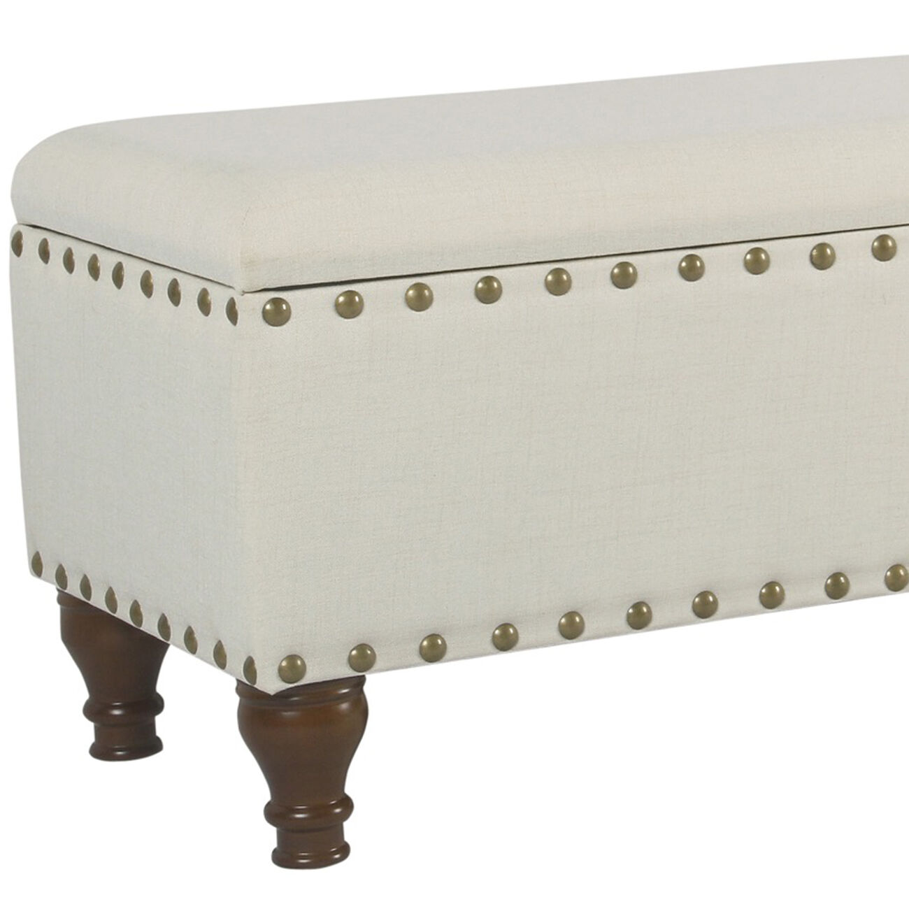 Fabric Upholstered Wooden Storage Bench With Nail head Trim, Large, Cream and Brown