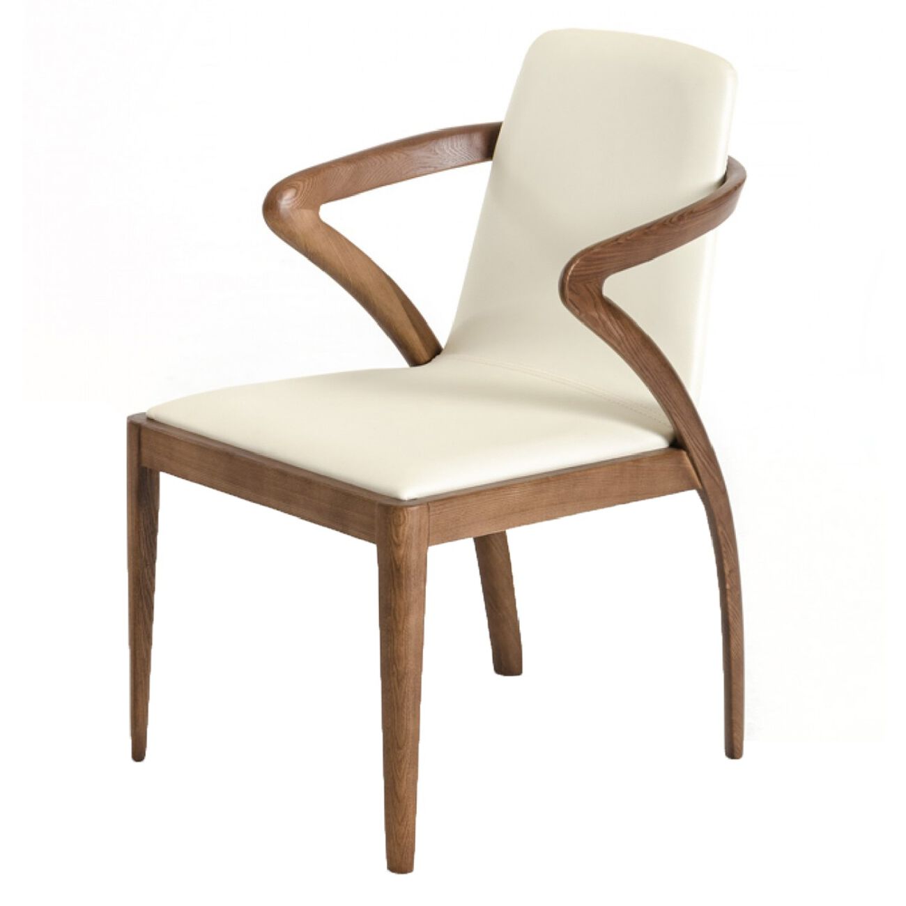 Leatherette Dining Chair with Curved Legs and Armrest, Cream and Brown