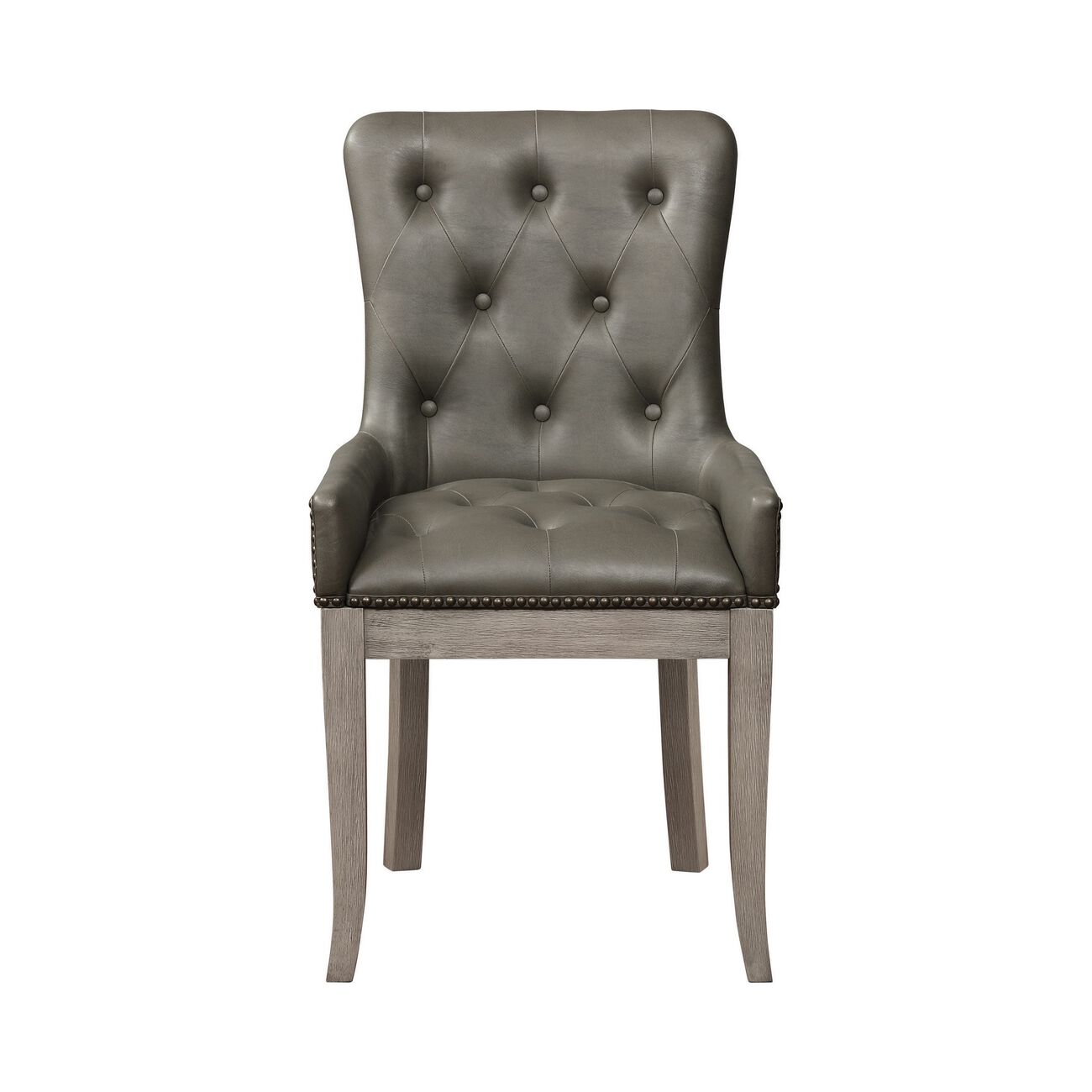 Button Tufted Leatherette Dining Chair with Low Profile Arms, Set of 2,Gray