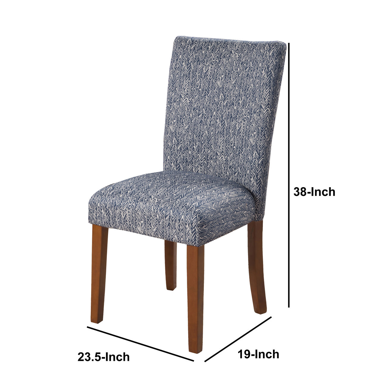 Textured Fabric Upholstered Parson Dining Chair with Wooden Legs, Blue and Brown, Set of Two