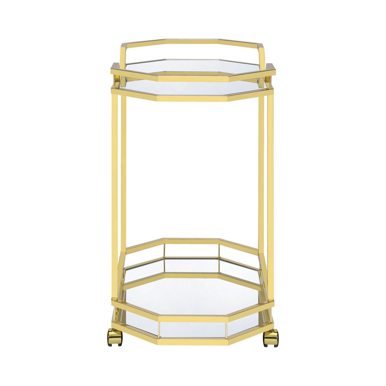 2 Tier Geometric Metal Serving Cart with Mirror Shelves, Gold