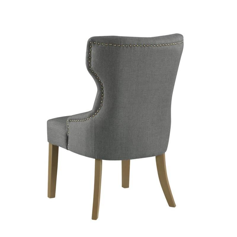 Polyester Upholstered Wooden Dining Chair with Button Tufted Wing Back, Gray and Brown