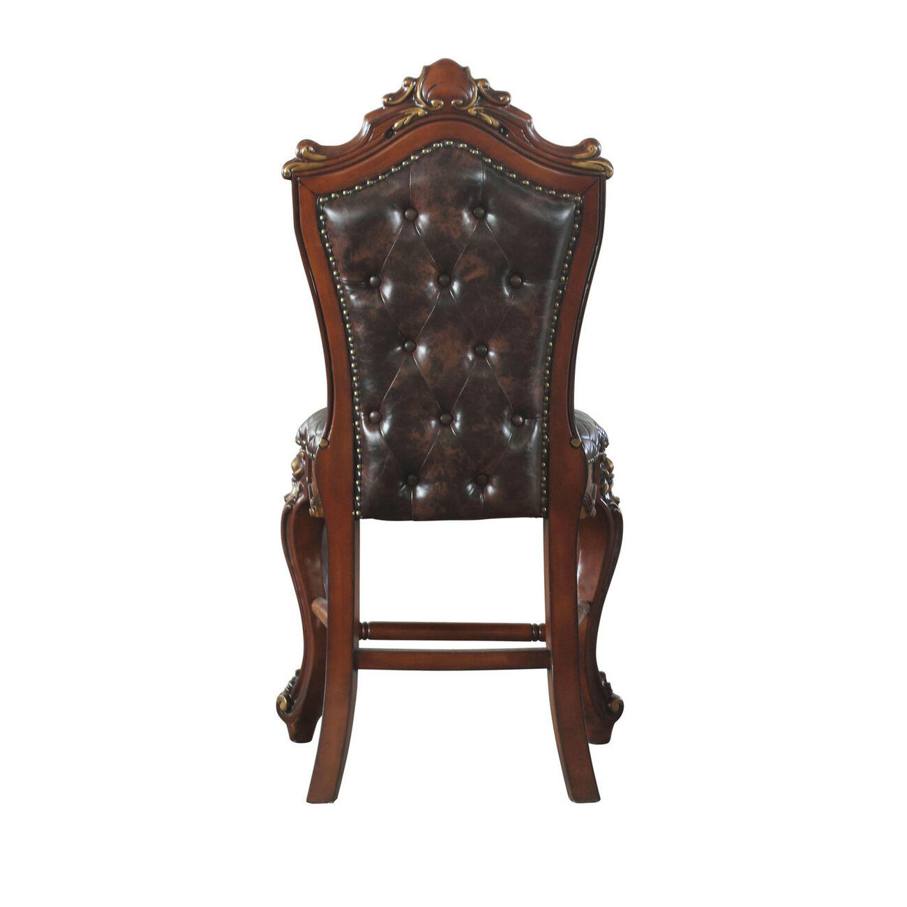 Leatherette Padded Counter Height Chair with Carvings, Set of 2, Brown