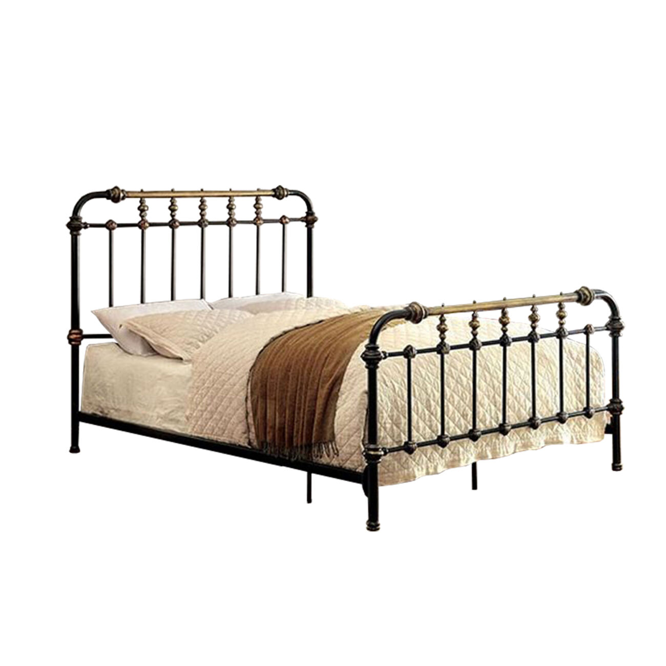 Metal Eastern King Bed with Gold Accent, Black