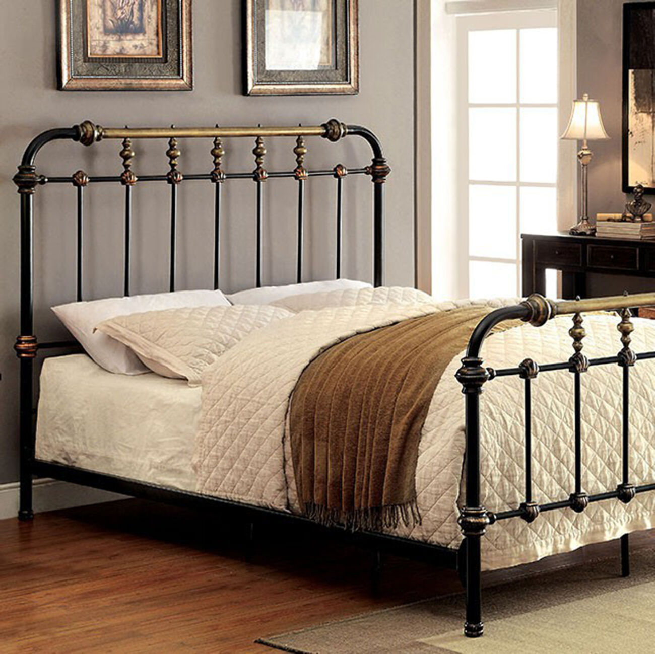 Metal Full Bed with Gold Accent, Black