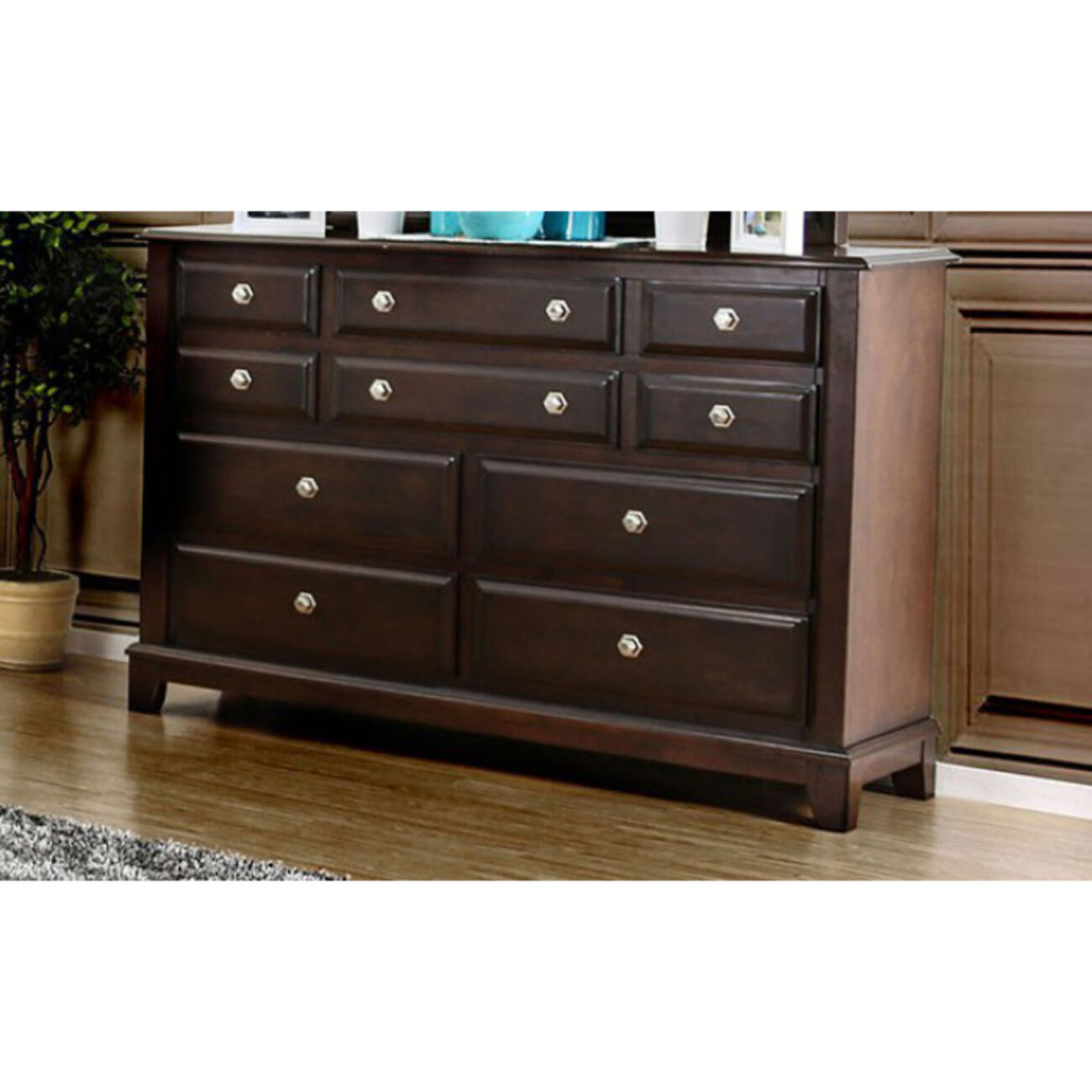 5 Drawer Wooden Chest with Wood Grain Details and Block Legs, Brown