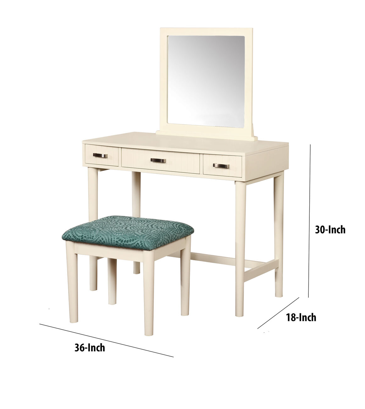 Wooden Vanity Set with 3 Drawers and Round Legs, Cream and Green