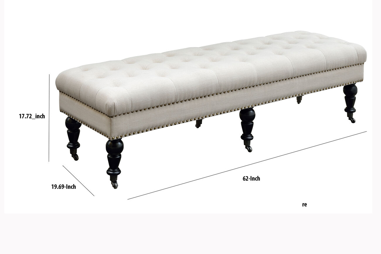 62 Inch Button Tufted Bed Bench with Caster Wheels, Black and Beige