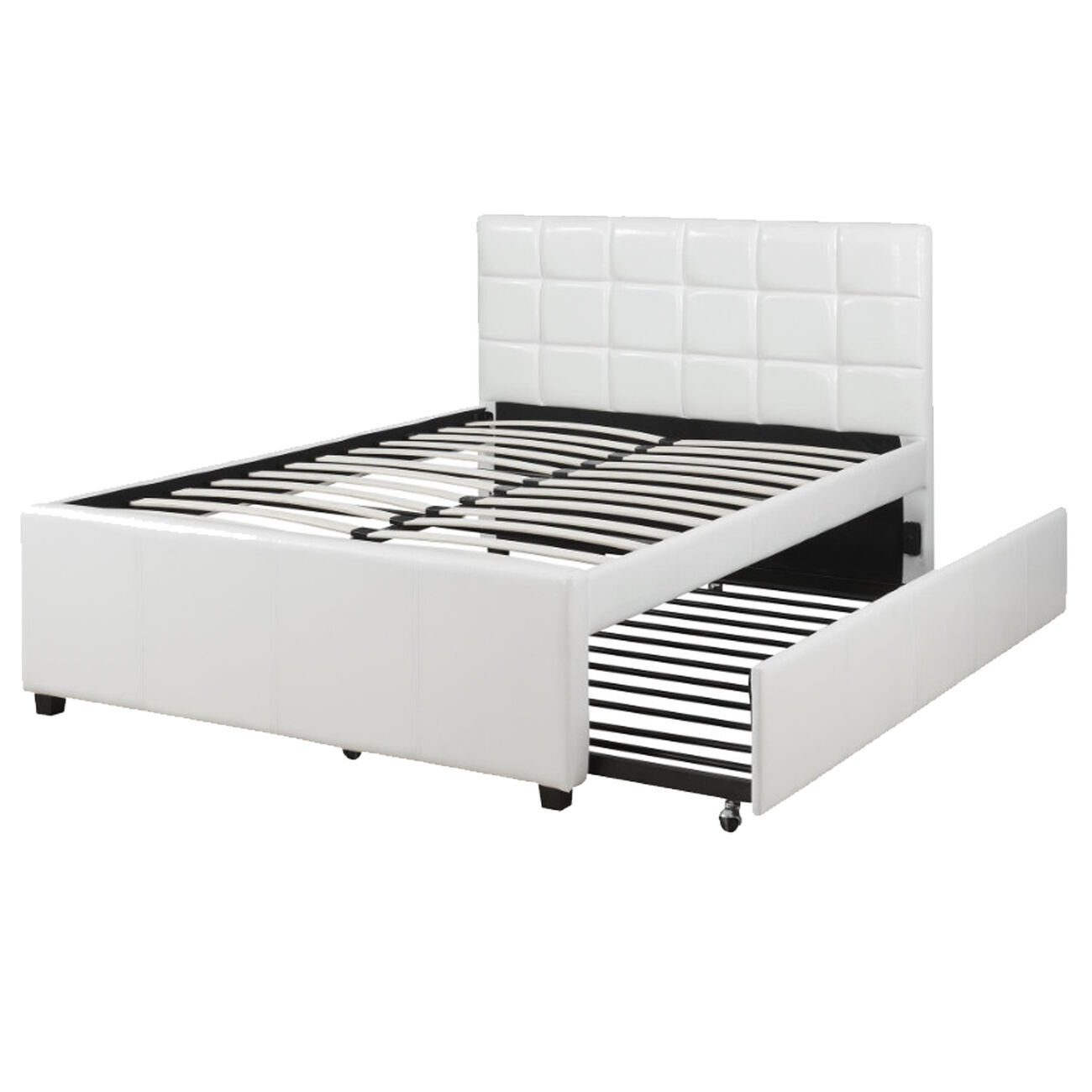 Wooden Full Bed With Trundle And SQU Tufted HB, White