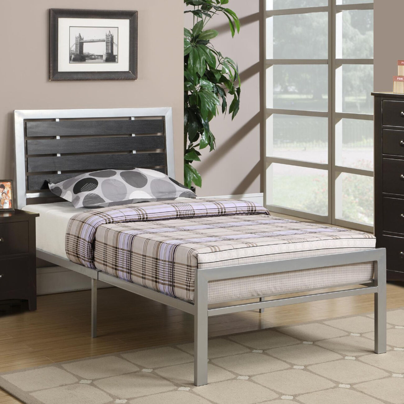 Wooden Full Bed With Black Wood Panel Headboard, Silver