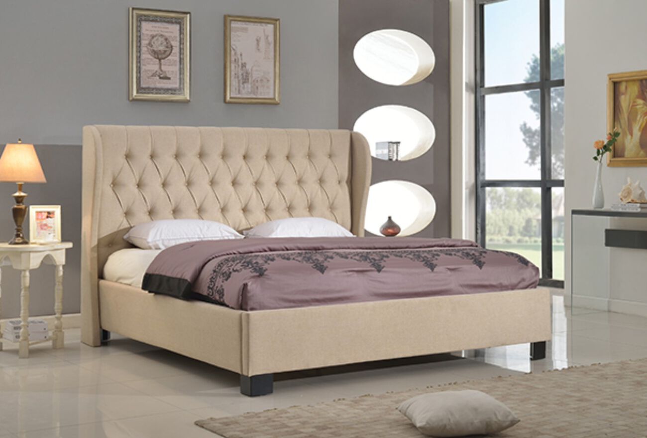 Full Size Platform Bed with Button Tufted Back and Rails, Tan